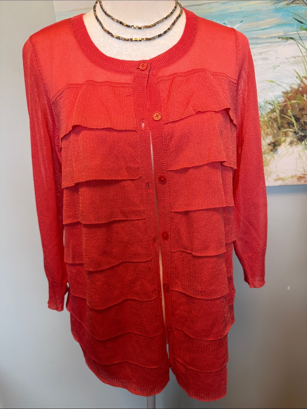 Talbots Red Ruffle-Front Knit Cardigan